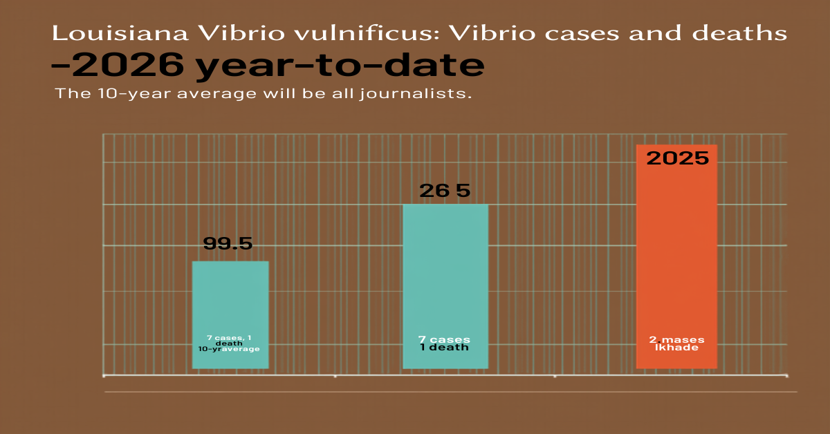 Chart comparing Louisiana Vibrio vulnificus cases and deaths: 10-year average vs 2025 vs 2026 year-to-date