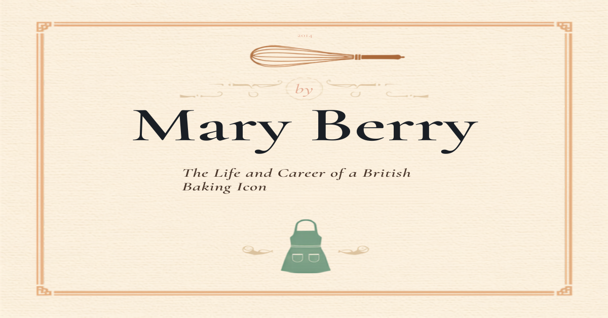 Editorial cover graphic for a Mary Berry biography article featuring baking icons